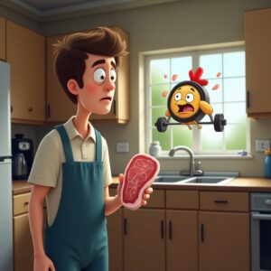 A confused man in a kitchen holds up a raw, unseasoned piece of meat. In the background, a cartoon clock face with a tiny chicken head and wings is comically straining to lift a heavy barbell, with sweat flying off of it.