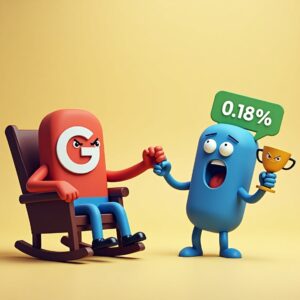 A grumpy, cartoonish red character representing Google sits in a rocking chair, shaking a fist at a nervous, blue, pill-shaped character representing ChatGPT. ChatGPT holds a small, angry-looking trophy and has a speech bubble that says "0.18%."
