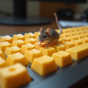 A small, realistic-looking mouse stands on a computer keyboard where all the keys are shaped like small blocks of yellow Swiss cheese with holes. The spacebar is a long, flat slice of cheese.