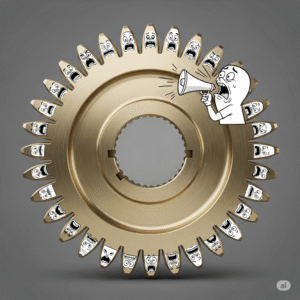 A polished brass gear has tiny, hand-drawn cartoon faces with panicked expressions on each of its teeth. One face is yelling into a tiny megaphone at another face.