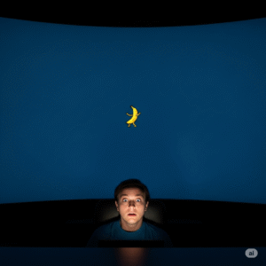 A person with a stunned, wide-eyed expression sits in a dark room, facing an enormous, curved computer monitor. The screen is a solid blue color, with a single, tiny, pixelated GIF of a dancing yellow banana in the center.