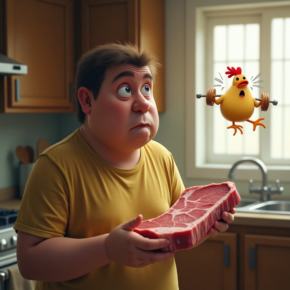 A wide-eyed man with a perplexed expression holds a massive, raw slab of steak. Behind him, a small, cartoon chicken is comically straining to lift a barbell, with beads of sweat on its face.
