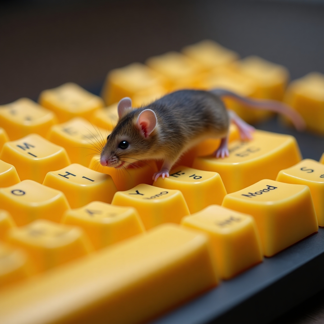 A small, brown mouse with large ears is standing on a computer keyboard with all keys shaped like yellow blocks of cheese with holes. The keys are a bright yellow color.