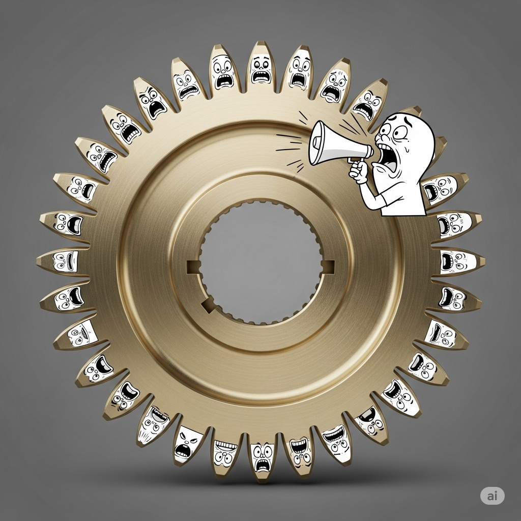 A polished brass gear has tiny, hand-drawn cartoon faces with panicked expressions on each of its teeth. One face is yelling into a tiny megaphone at another face.