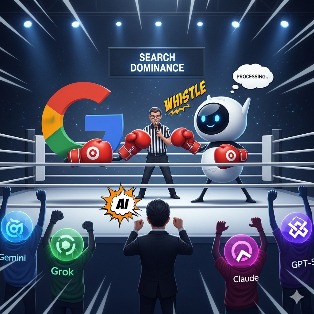 An epic digital illustration of Google vs ChatGPT in a boxing match for "Search Dominance," refereed by an AI lawyer, with Gemini, Grok, Claude, and GPT-5 cheering from the sidelines.