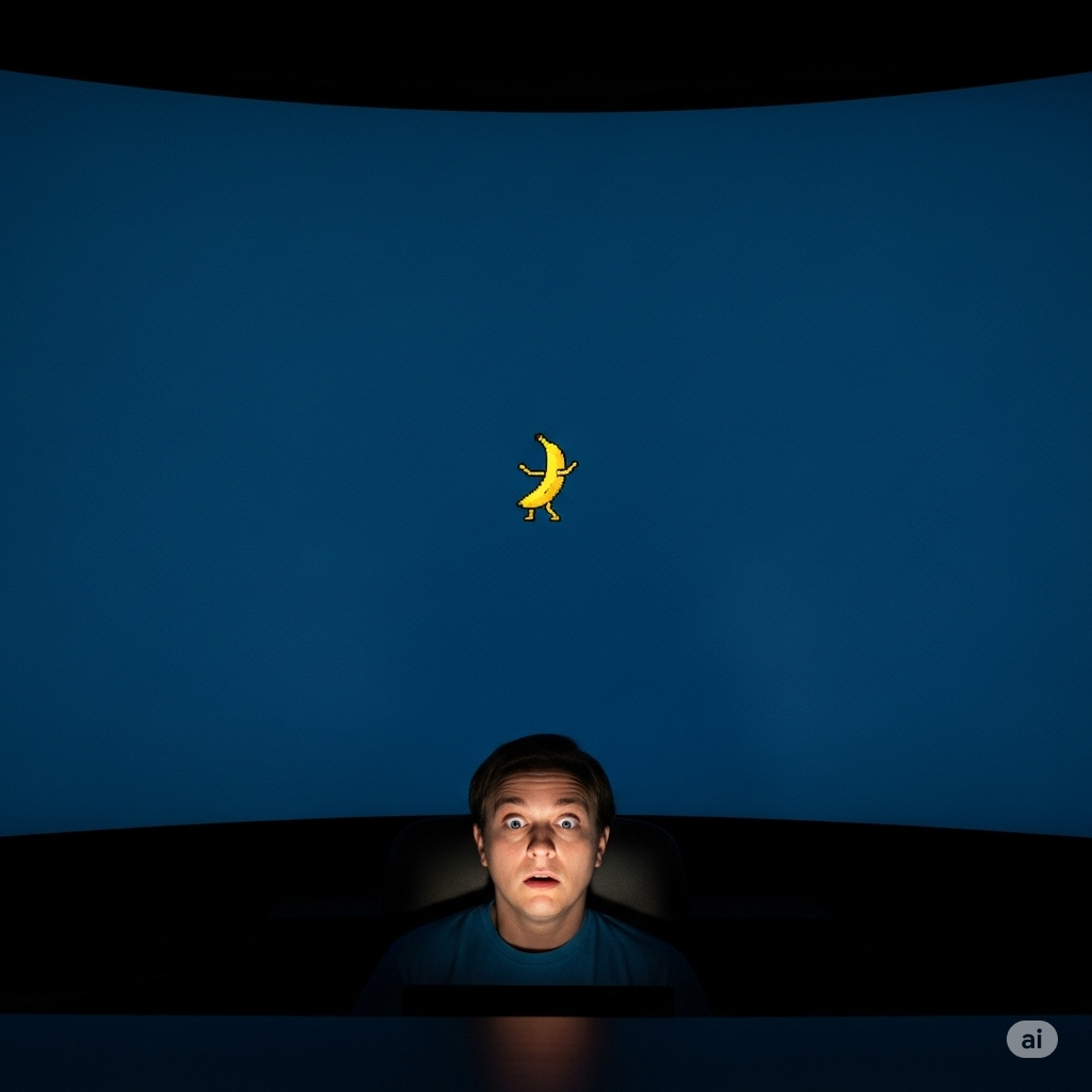A person with a stunned, wide-eyed expression sits in a dark room, facing an enormous, curved computer monitor. The screen is a solid blue color, with a single, tiny, pixelated GIF of a dancing yellow banana in the center.