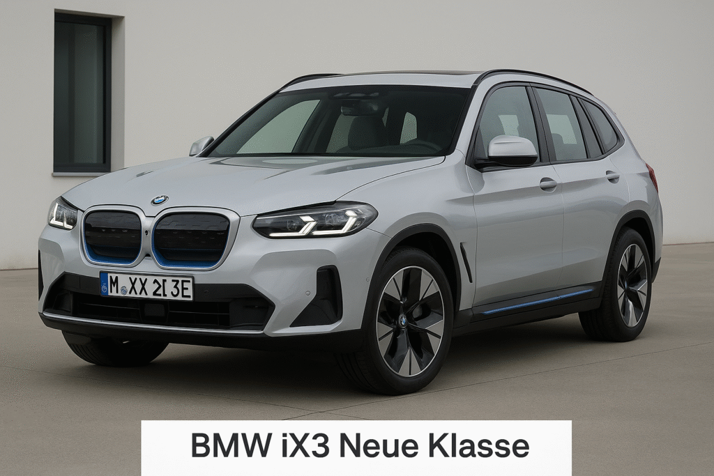 A futuristic BMW iX3 Neue Klasse electric SUV in metallic silver, parked in a modern urban setting with illuminated buildings in the background.