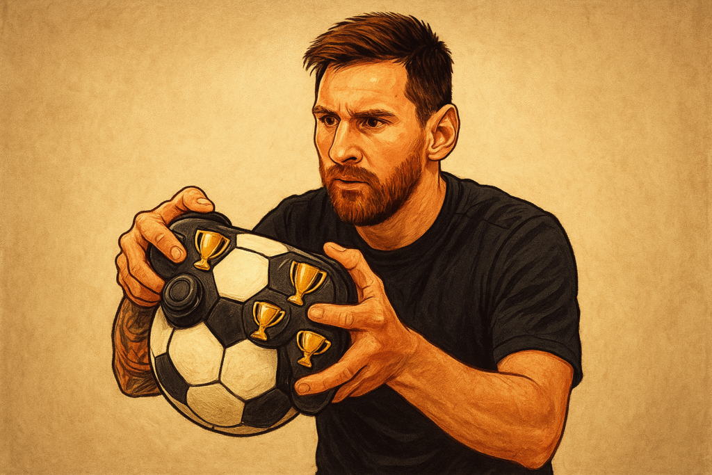 Digital illustration of Lionel Messi using a PlayStation controller designed as a football with trophy-shaped buttons, representing his football legacy.