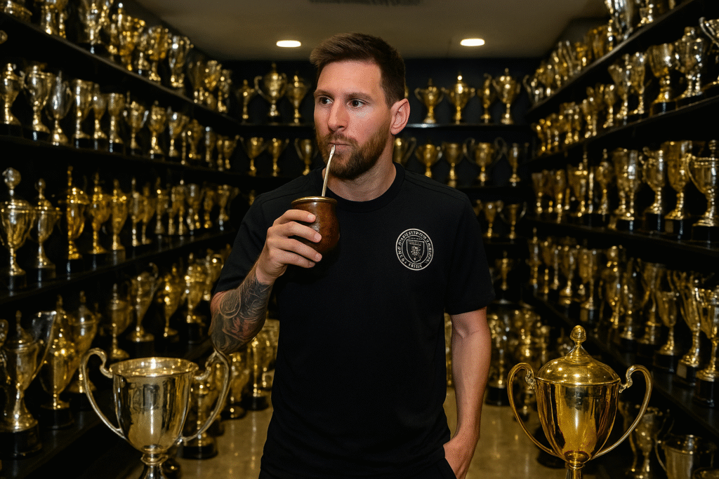 Lionel Messi drinking mate in a trophy room filled with dozens of golden football awards and championship cups.