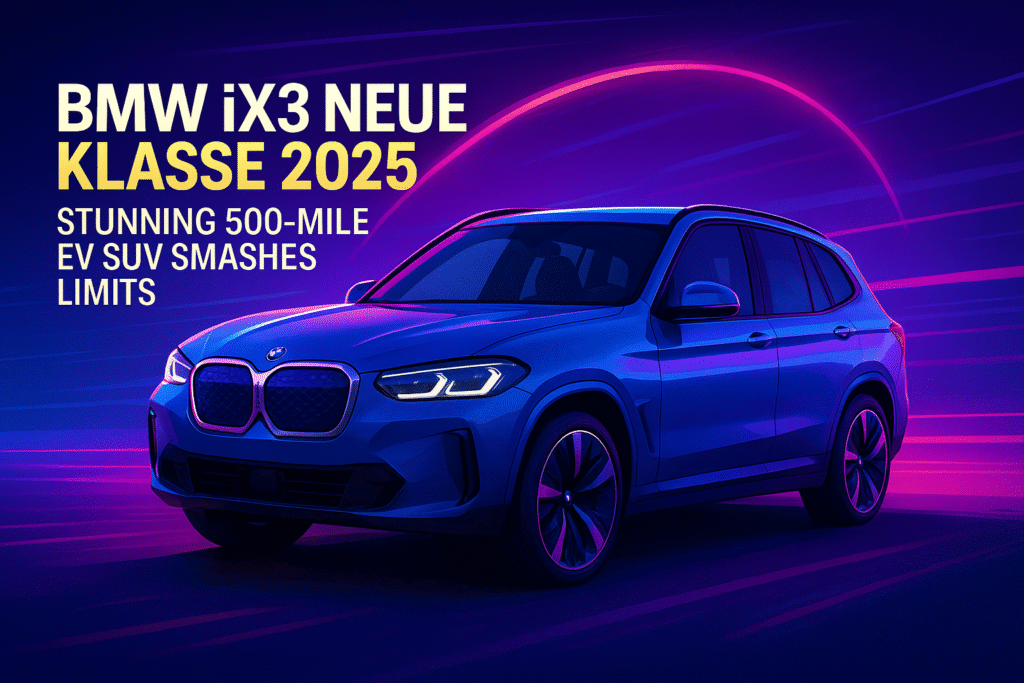 A futuristic digital render of the 2025 BMW iX3 Neue Klasse electric SUV in vibrant neon lighting, highlighting its sleek design and 500-mile range headline.