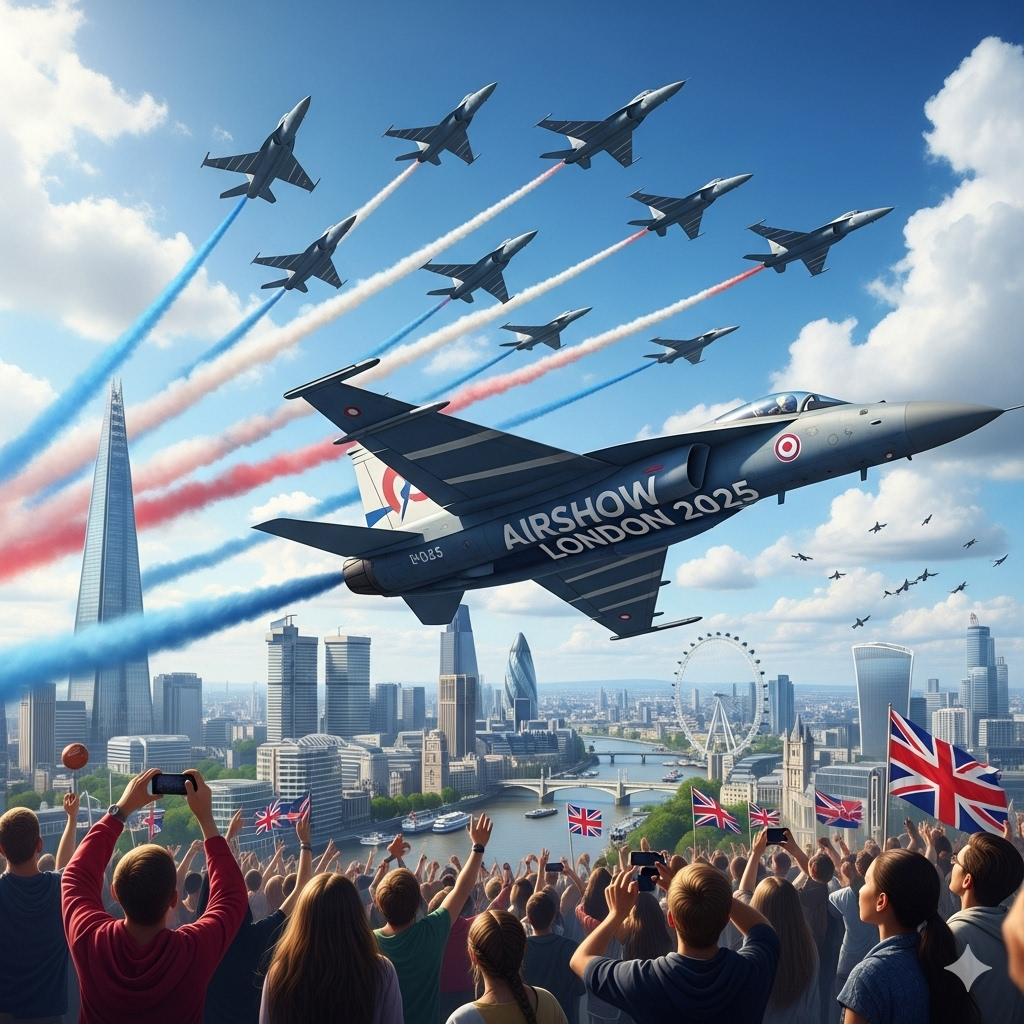 A digital illustration showing an intense airshow performance over London with multiple fighter jets, one prominently in the foreground, and cheering crowds on the ground.