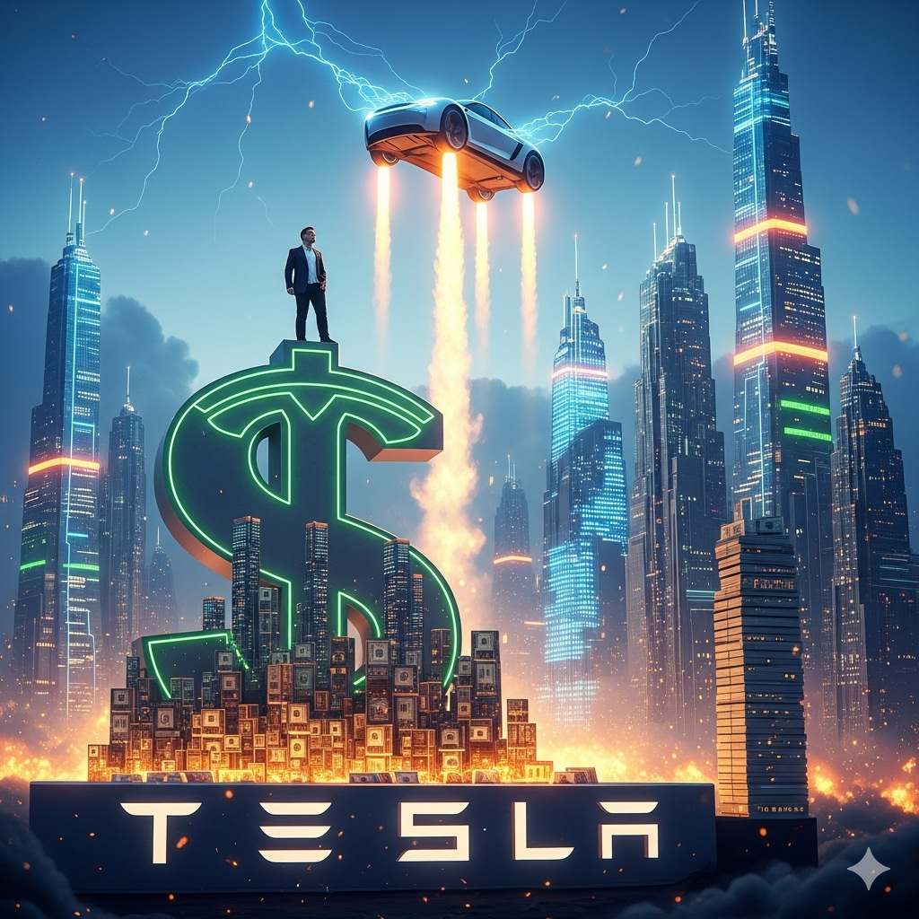 A surreal digital illustration of Elon Musk standing on a giant, glowing Tesla logo shaped like a dollar sign. Stacks of money rise into skyscrapers and a futuristic car launches like a rocket in the background.