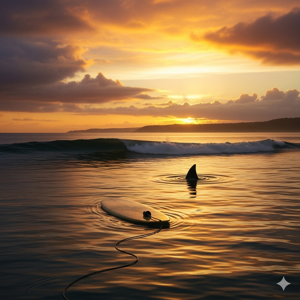 A dramatic digital illustration of a single surfboard drifting alone in the ocean with a shark fin visible nearby under a golden sunset.