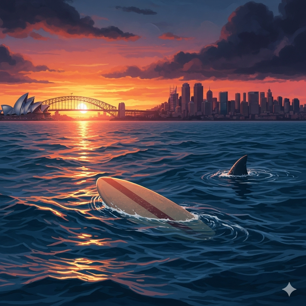 A dramatic digital illustration depicting the aftermath of a Northern Beaches shark attack, with a lonely surfboard and a shark fin in the water, set against the Sydney skyline including the Opera House and Harbour Bridge at sunset.