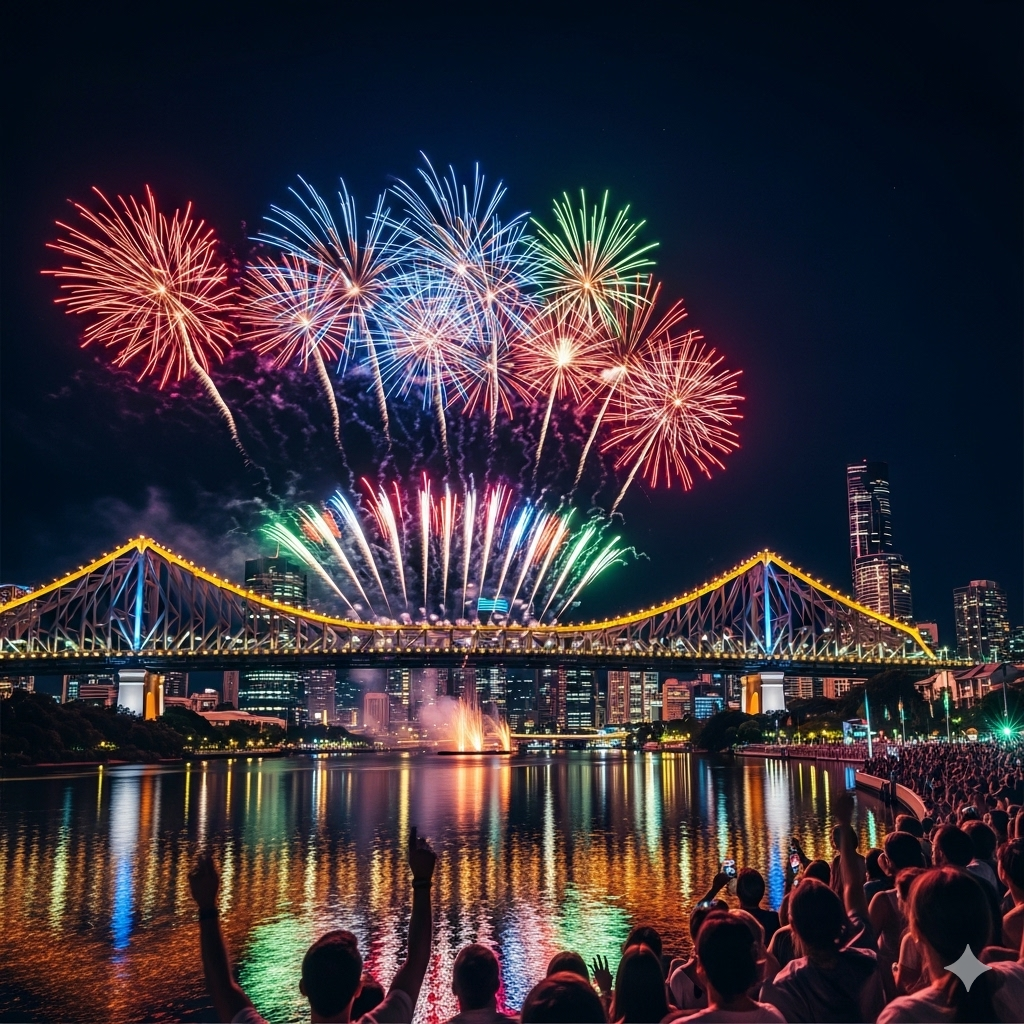An artistic night view of Brisbane's skyline lit up by Riverfire 2025 fireworks, with the Story Bridge glowing and reflections dancing on the Brisbane River, as crowds cheer from the riverside.