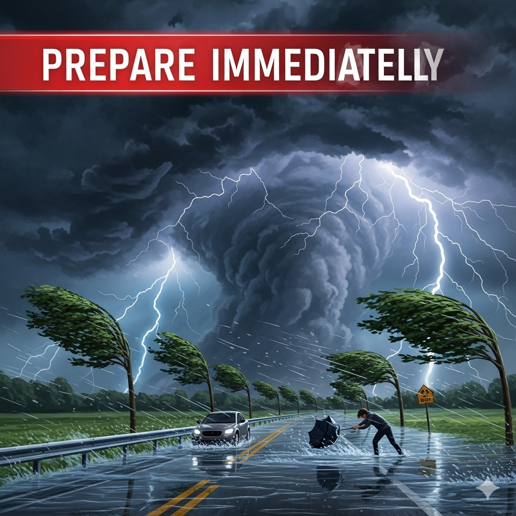 A dramatic illustration of Northern Virginia under a severe thunderstorm warning, with dark storm clouds, lightning, flooded roads, swaying trees, and an inverted umbrella, topped by a "Prepare Immediately" banner.