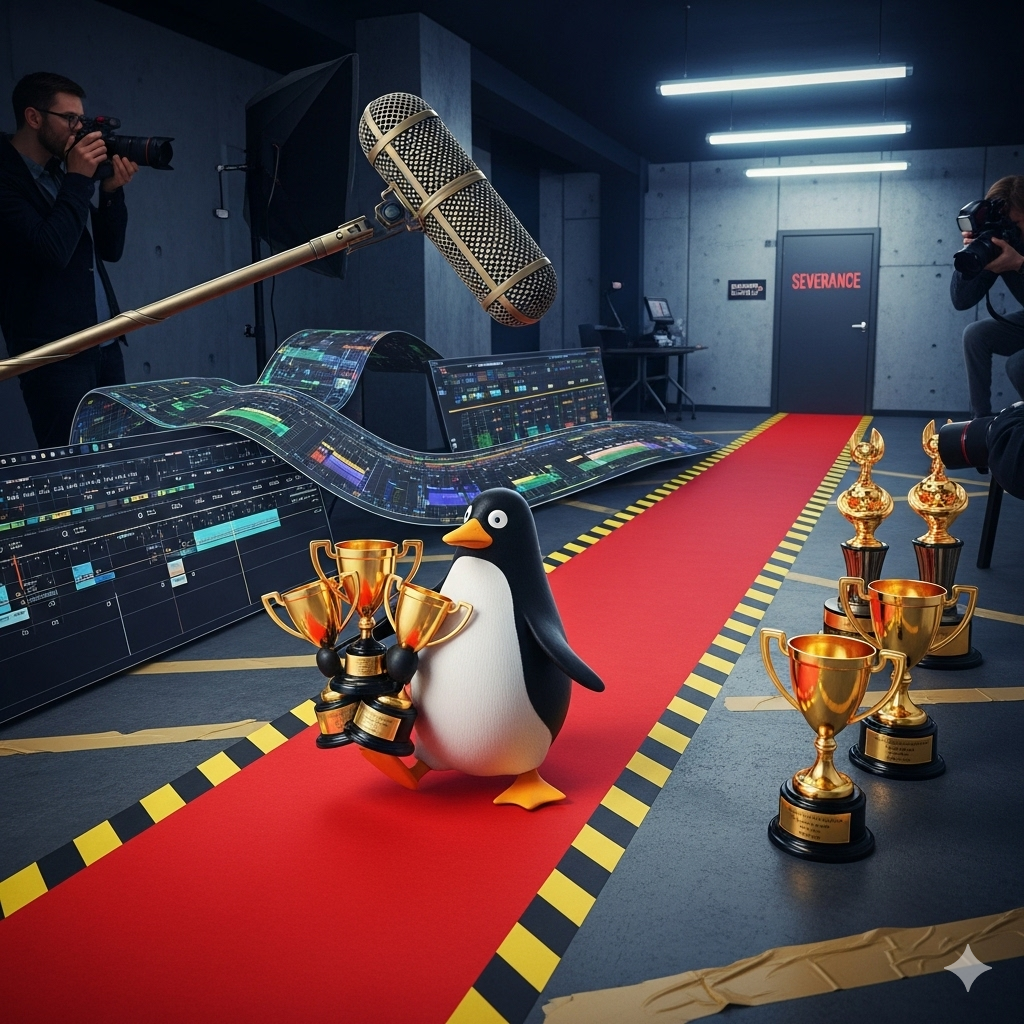A dramatic illustration of the Creative Arts Emmys 2025 Winners ceremony. A cartoon penguin carries five trophies down a red gaffer tape carpet, while two photographers capture the scene. An editing timeline with six awards for "The Studio" and a stark "Severance" office door are in the background.