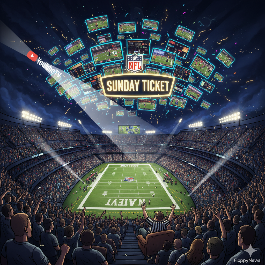 A dynamic illustration from a wide camera angle showing an NFL stadium at night, with a "Sunday Ticket" logo and numerous glowing multi-view screens above, a YouTube TV spotlight, and an excited crowd with a fan in a referee couch throwing popcorn.