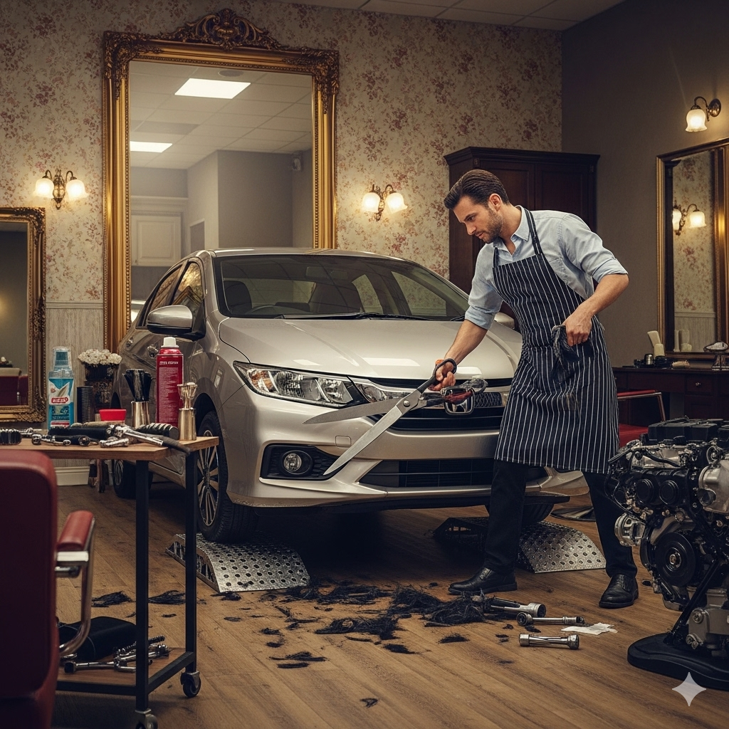 Honda City 2025 facelift illustration showing the car in a salon mirror, with new bumpers, grille, and lights as part of its midlife glow-up in Pakistan.