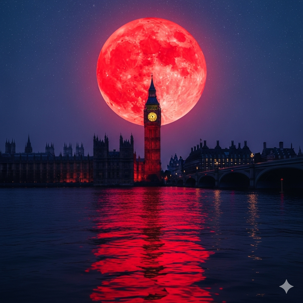 Blood Moon glowing red over the London skyline during the September 2025 total lunar eclipse.