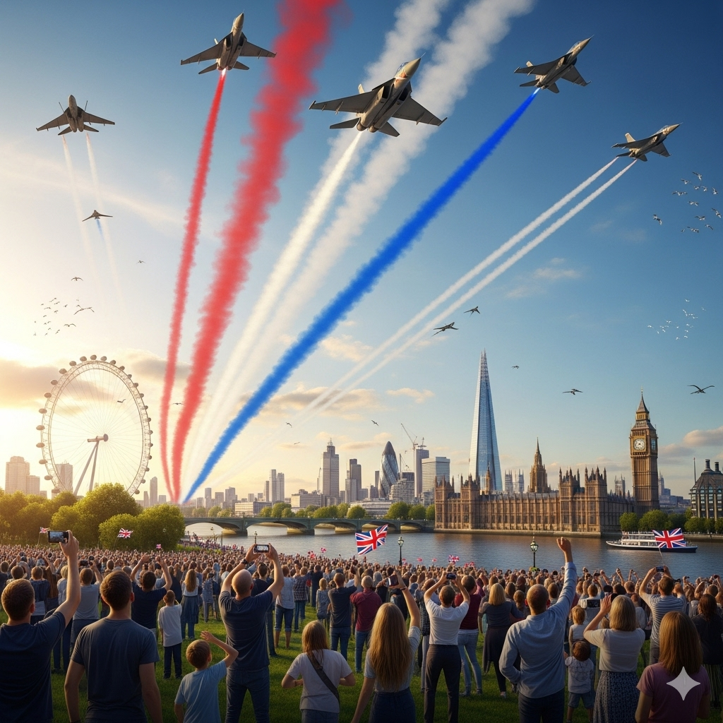 A digital illustration of fighter jets in formation over the London skyline, leaving red, white, and blue smoke trails as people watch from the ground.
