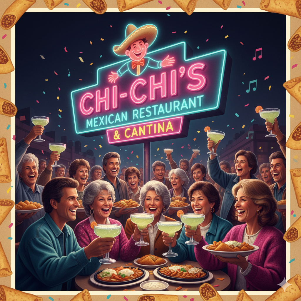  A nostalgic illustration depicting a vibrant scene inside or outside a Chi-Chi's Mexican Restaurant, with realistic 80s and 90s-era diners celebrating with margaritas and food, dreaming of a Chi-Chi's Mexican Restaurant Comeback.