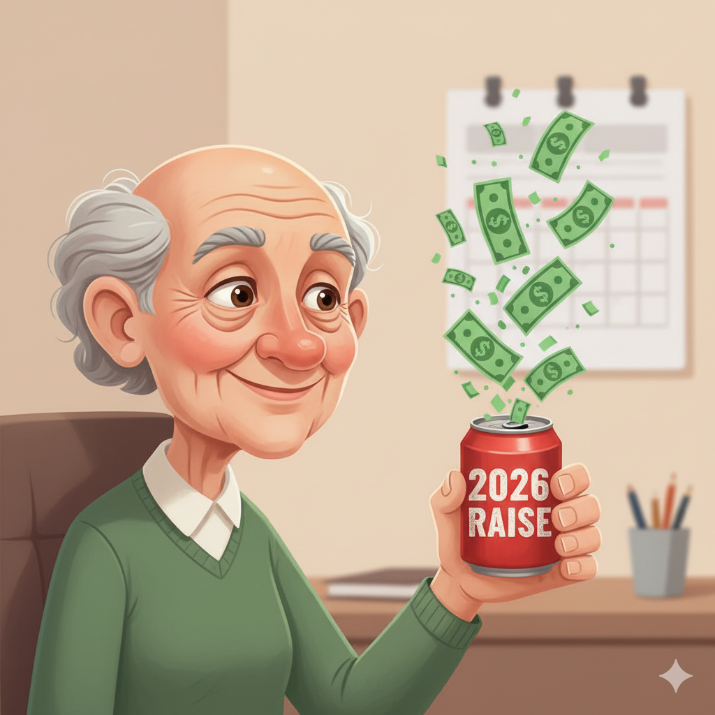  A humorous illustration of an elderly man smiling while holding a small cola can labeled “2026 Raise,” from which dollar bills float out like bubbles, comically representing the modest 2025 social security COLA increase.