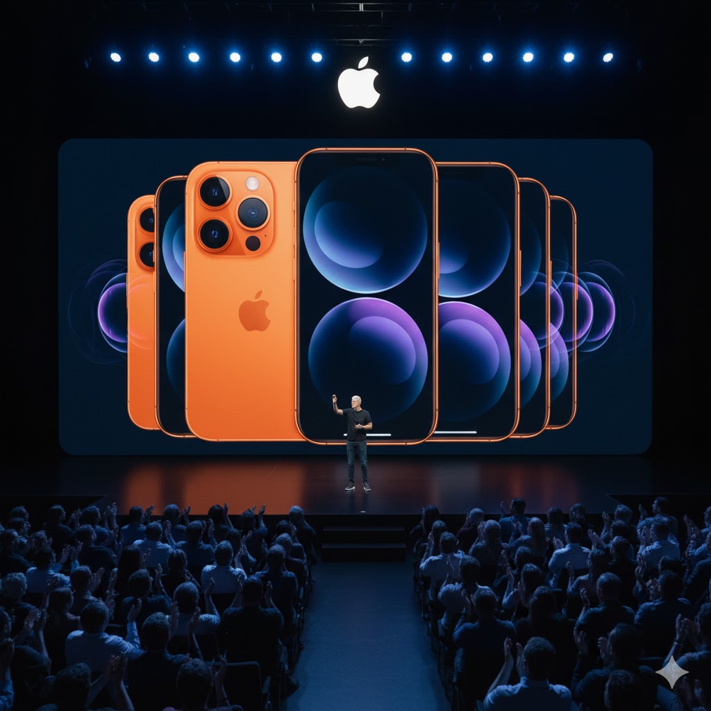 A wide-shot of an Apple keynote stage with a massive screen displaying the newly unveiled orange iPhone 17 in the background. The audience is visible, clapping politely in a repeating, unenthusiastic manner that represents the vibe of predictable innovation.