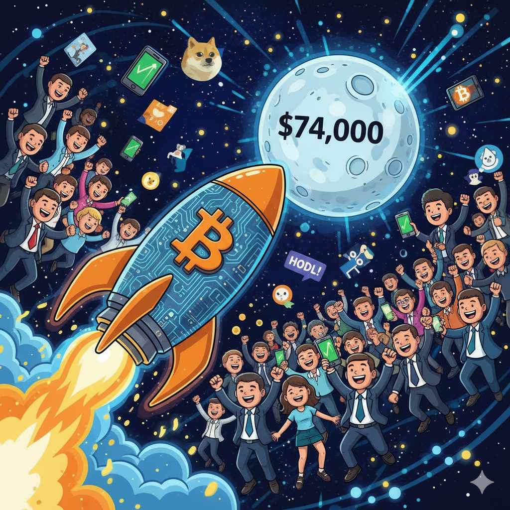 A vibrant cartoon illustration showing a Bitcoin rocket blasting past the moon labeled "$74,000," with cheering traders floating in space, reflecting the excitement around the bitcoin price today.