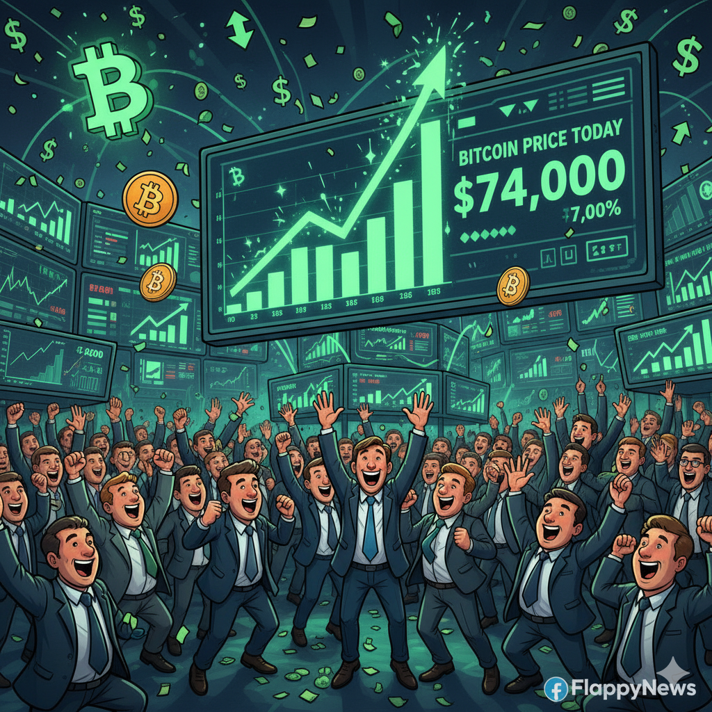 An illustration of energized traders in a frantic stock market room, watching large LCD screens where a dramatic green bar indicates a massive increase in the bitcoin price today and other crypto rates.