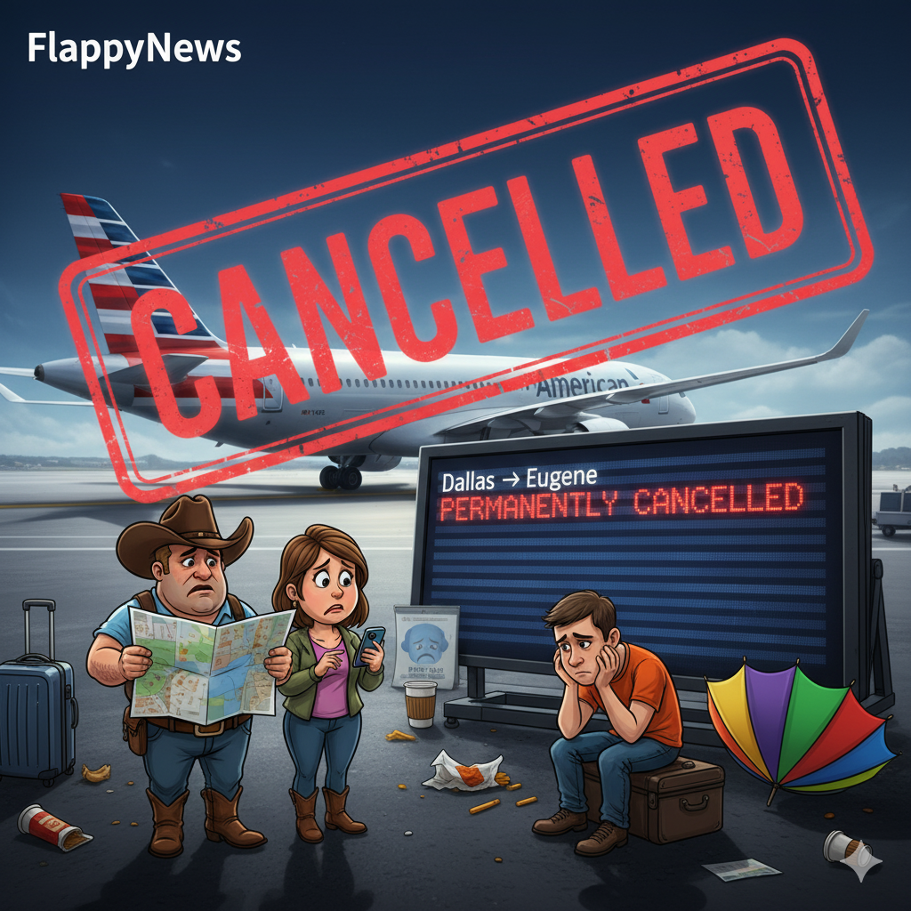 A dramatic, satirical illustration of an airport gate with an American Airlines plane. A giant red "CANCELLED" stamp covers the sky, and the departure board shows "Dallas → Eugene — Permanently Cancelled." Disappointed travelers, including one confused person in a cowboy hat, react to the news that American Airlines cancels flights permanently.