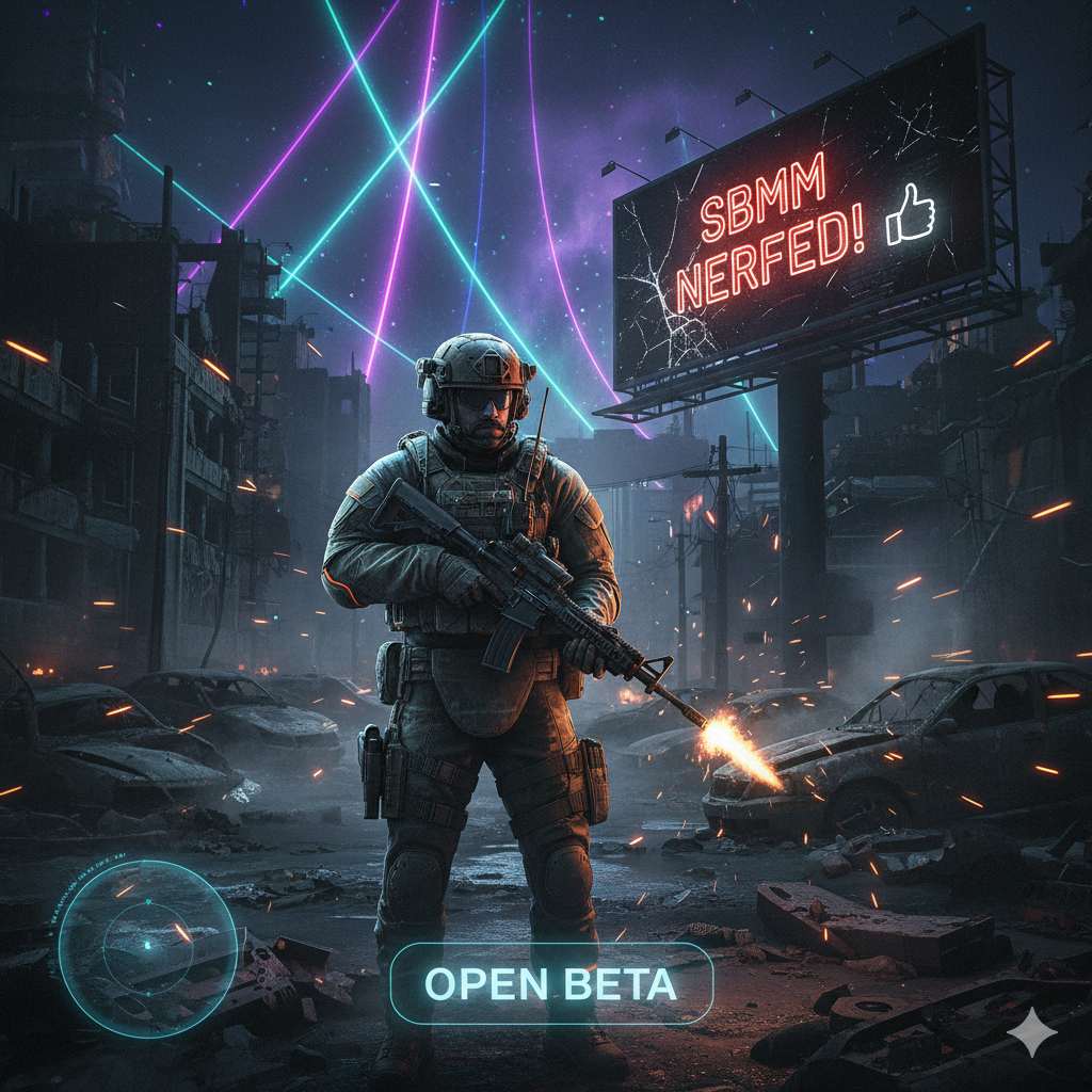 A cinematic, hyper-detailed scene showing a lone Call of Duty: Black Ops 7 soldier standing in a neon-lit, war-torn urban map. The HUD glows faintly, indicating the beta, and a scoreboard humorously reads "SBMM Nerfed!" in the background.