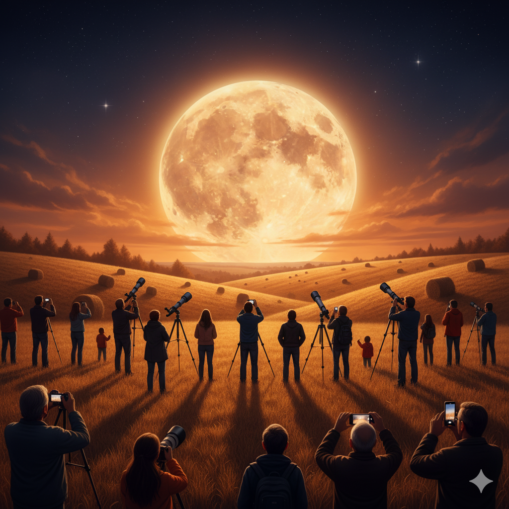 A cinematic, hyper-detailed night scene with a massive, warm-toned full moon October 2025 rising over golden autumn fields. Silhouettes of people watch the phenomenon with cameras and telescopes.