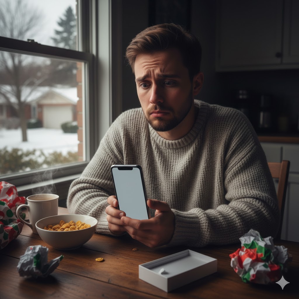 A humorous, realistic photo of a young man with a beard and a disappointed, meme-like expression, sitting at a cozy indoor table. He is holding a new iPhone with a blank screen, looking utterly unimpressed. On the table are a half-eaten bowl of cereal, a cup of coffee, and crumpled wrapping paper, suggesting he just opened the phone. A snowy outdoor scene is visible through the window.